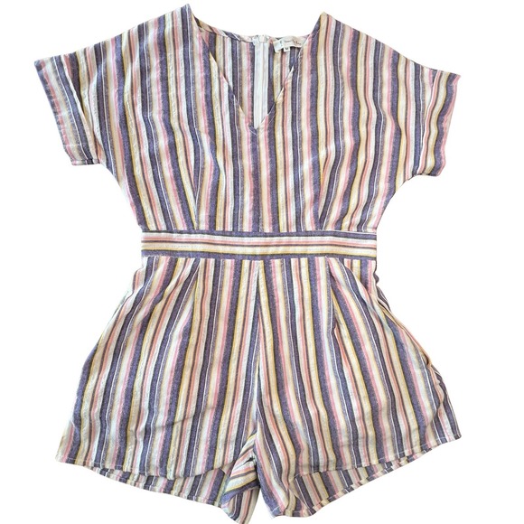Striped Shorts Romper Summer Cap Sleeve With Pockets Linen Cotton Size M‎ - Picture 1 of 7